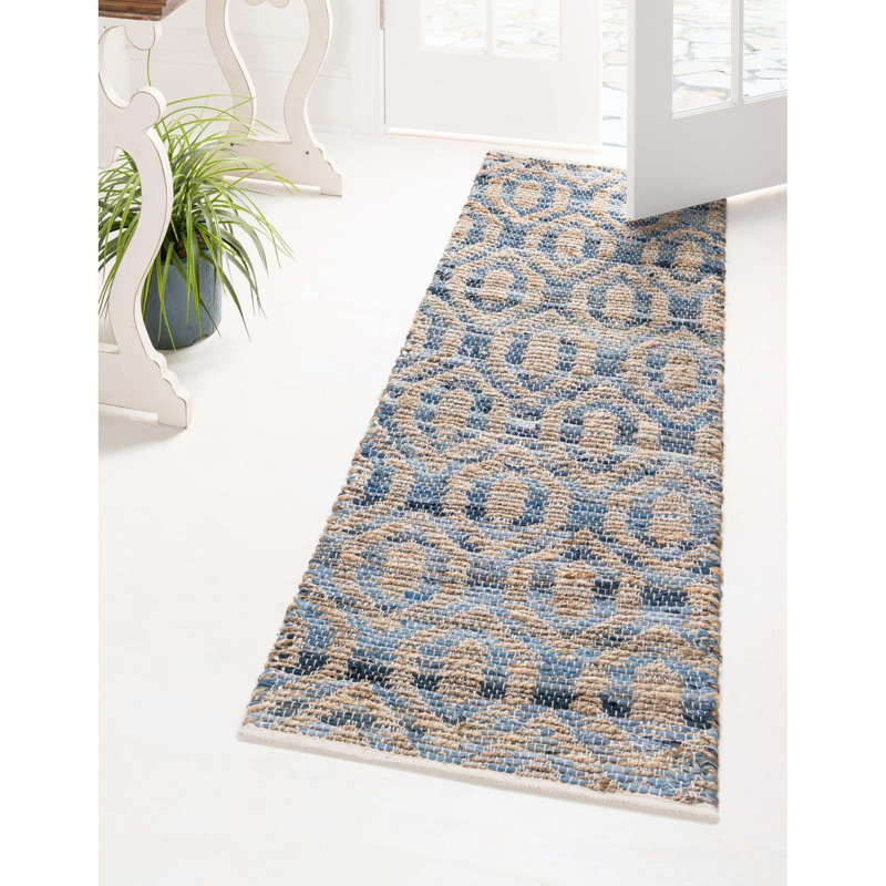 Tapis bleu marine / brun en jute / coton tissé à plat à la main Johnnesha, Tapis de couloir 2 pi 7 po x 10 pi