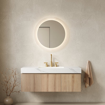 Meuble-lavabo de salle de bain 122 cm (48 po) avec comptoir en pierre frittée blanche, lavabo en céramique à 3 trous pour robinetterie, rangement suspendu en contreplaqué, tiroir à fermeture amortie, meuble-lavabo en chêne, installation sous plan standard