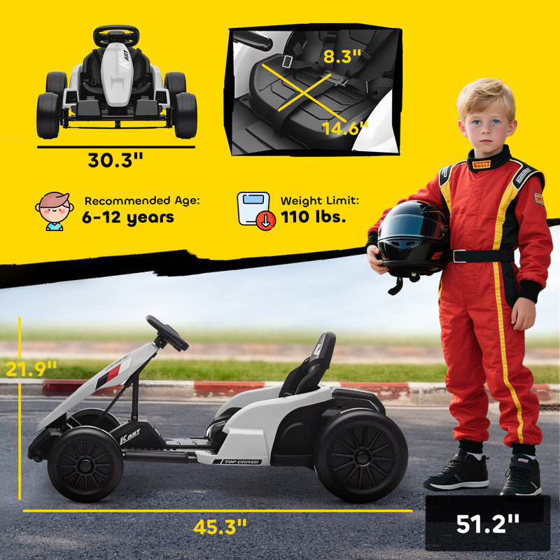 Kart électrique, grande batterie 24 V 9 Ah, kart pour enfants avec deux moteurs de 150 W, siège réglable et ceinture de sécurité à 5 points à haute vitesse à démarrage rapide 11,2MPH, pour 6 à 12 ans, blanc
