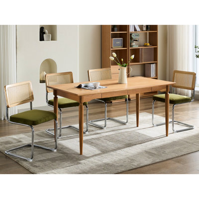 Ensemble de 2 chaises de salle à manger de style Mid-Century moderne, revêtement en velours olive, canne, base en acier inoxydable, pour un meilleur soutien du dos, soutien