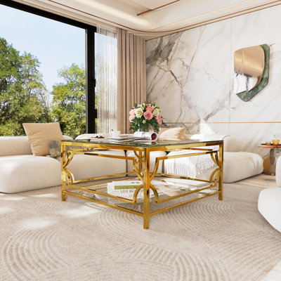 Square Glass Coffee Table in 33.5",Luxurious Geometric Metal Frame,Gold Finish & Lower Shelf