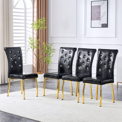Ensemble de 4 chaises de salle à manger rembourrées en peau d'alligator rétro, avec boucles en cristal et similicuir, une touche d'élégance et de mystère pour la salle à manger. Pieds en métal plaqué or