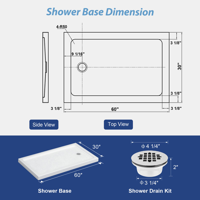 Base de douche 60 po x 30 po en blanc pur avec 3 brides amovibles