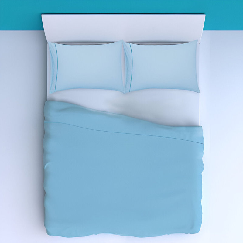 400TC Luxurious Single Embroidery Sateen Solid Cotton 4 Piece Sheet Set Fitted Sheet Fits Upto 16" Deep Pocket, Light Blue