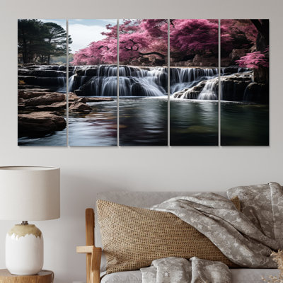 Pink Grey Waterfall Muted Splendor - Landscapes Canvas Print - 5 Equal Panels