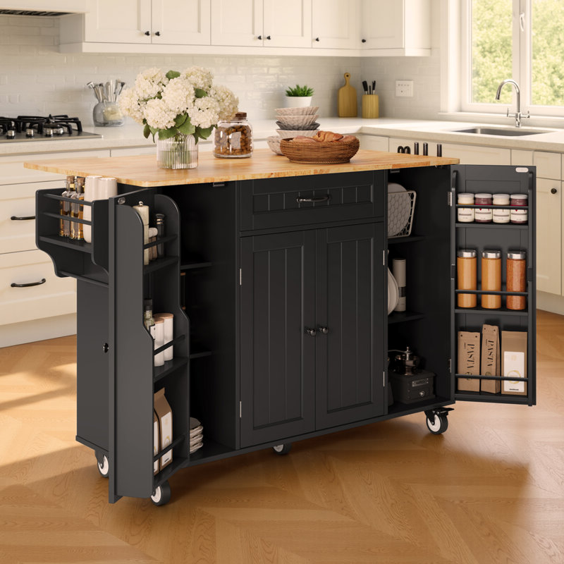 Chariot pour îlot de cuisine 47,6 po avec rallonge, porte d'armoire de style réfrigérateur, 1 tiroir, porte-couteaux, porte-serviettes, porte-gobelet, porte-épices et roulettes verrouillables