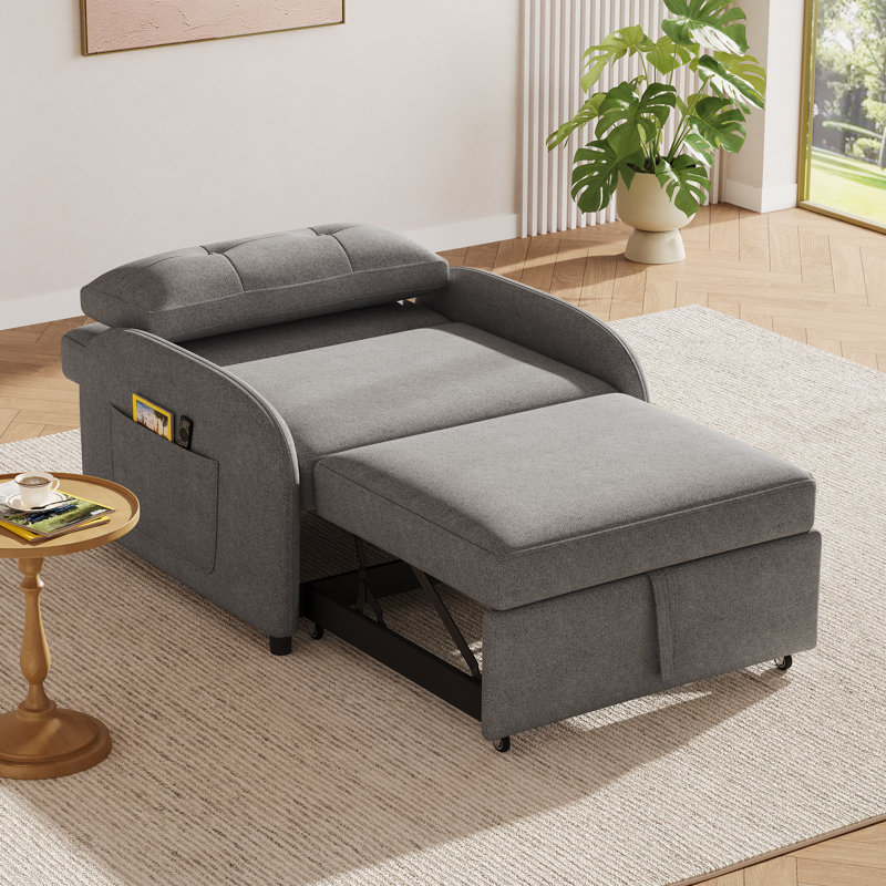 40.5" Upholstered Convertible Chair 3-In-1 Pull Out Sofa Bed, Gray Linen