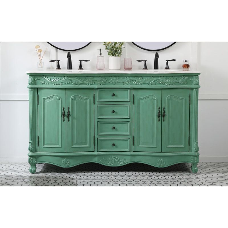 Ensemble de meuble-lavabo double de 60 po pour la salle de bain Mannie, Menthe rétro, Blanc
