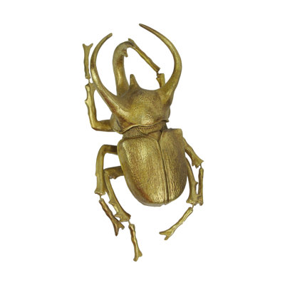 Hand-painted gold cold cast polyresin rhino beetle wall art sculpture, 13.75 inches high