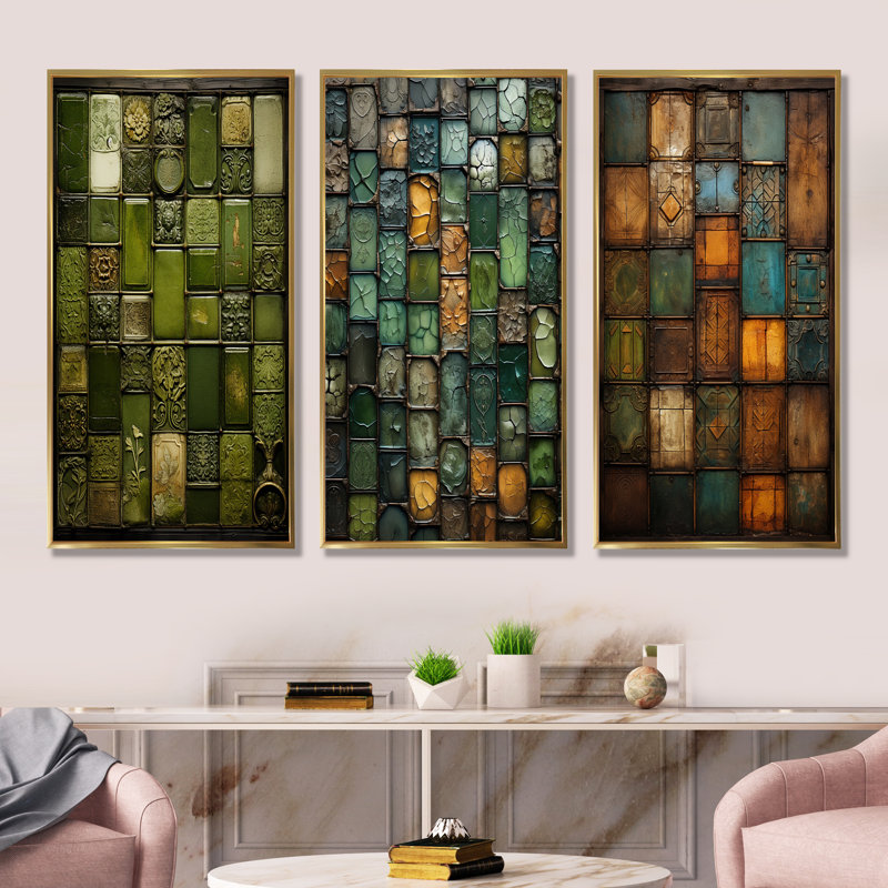 Green Stones Tiles I - Ensemble de 3 tuiles murales abstraites, Cadre flottant doré, H 28 po x l 36 po
