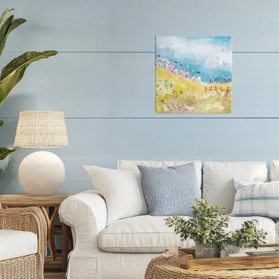 Beach Huts on Hillside Canvas, design by Clare Tupper