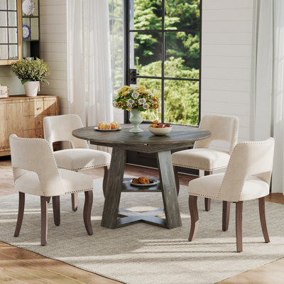 Table de salle à manger extensible ronde pour 4 à 6 personnes, table de salle à manger de style campagnard avec tablette de rangement et chaises de salle à manger rembourrées en tissu