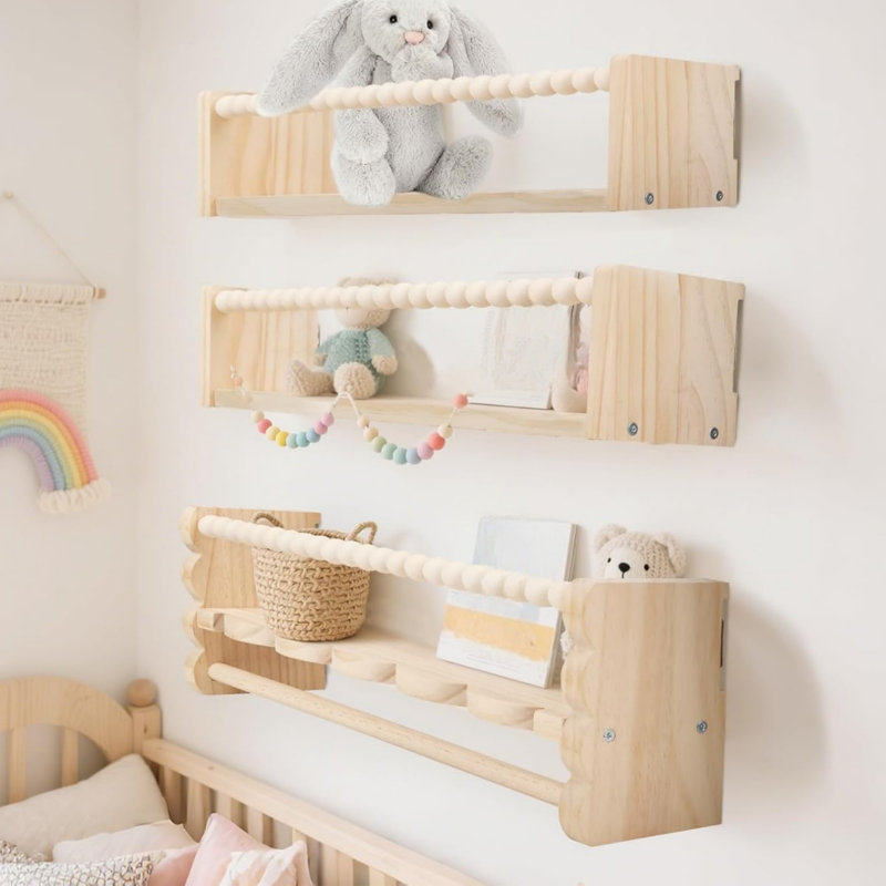 Nursery Book Shelves, 40 cm Set of 3 Beige Wall Mounted Shelves for Bedroom