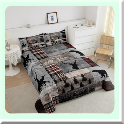 Rustic Wildlife Lodge Comforter Set - Queen Size Elk Deer Bear Bedding - Farmhouse Cabin Decor - Retro Red Black Buffalo Plaid Grey Theme -  East Urban Home, 2692670677F34AF0B01A8679C301D815