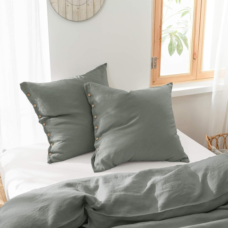 100% Washed Linen Euro Sham Cover, 26 X 26 Inch-Set Of 2, Grayish Green