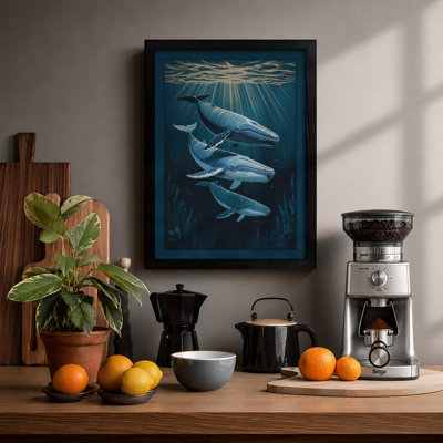 Whales in Blue Depths Coastal - Framed Print