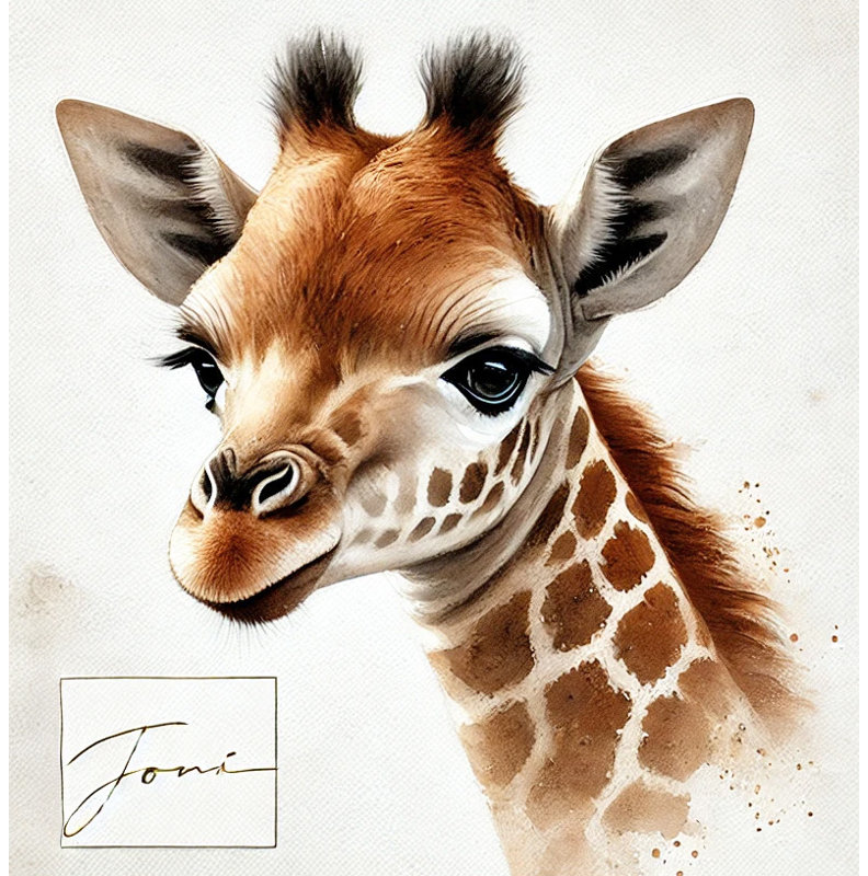 «Gentle Giraffe Calf Aquarelle», art mural sur toile, H 12 po x l 12 po