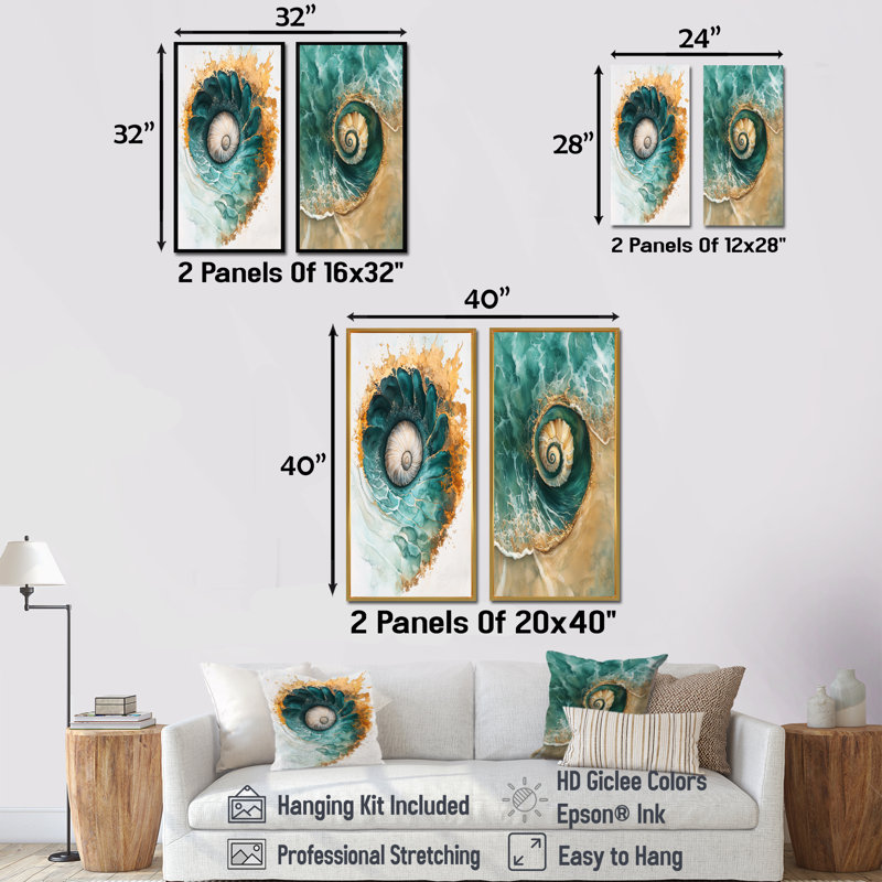 Coastal Spiral Emerald Seashell I - Collection d'art mural animaux 2 panneaux, H 28 po x l 25 po, Toile tendue