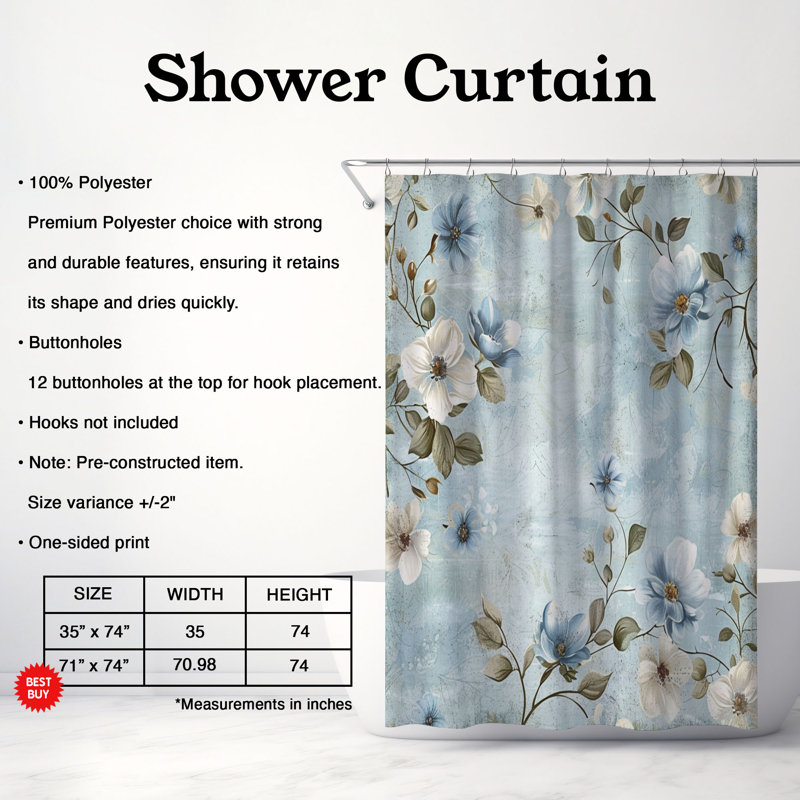 Rideau de douche standard 1 pièce Worn Blue Florals, H 74 po x l 71 po