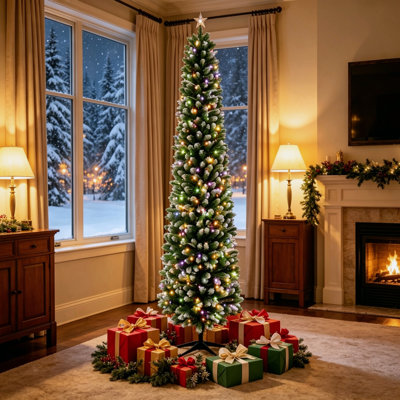 Sapin de Noël artificiel de 2,4 m (8 pi) en forme de crayon, pré-illuminé, avec lumières DEL bicolores vertes et blanches, télécommande et 11 modes d'éclairage réglables pour la décoration intérieure des fêtes.