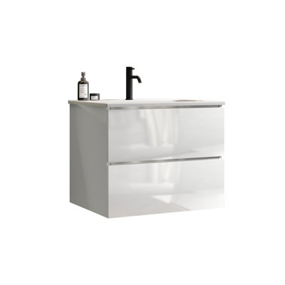 Wall Mounted Bathroom Vanity Piece - 24" White Glossy With Ceramic Sink, Large Storage And Silent Drawers Mount Cabinet For Modern Bath