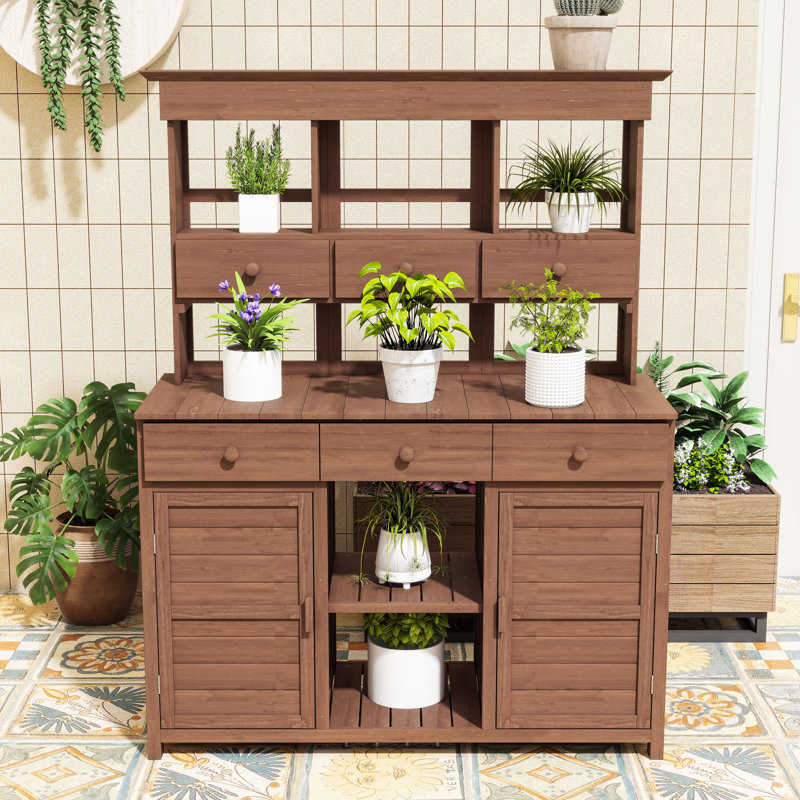 Banc de rempotage d'extérieur en bois de sapin avec tablette réglable, tiroirs spacieux et conception ergonomique, Brun