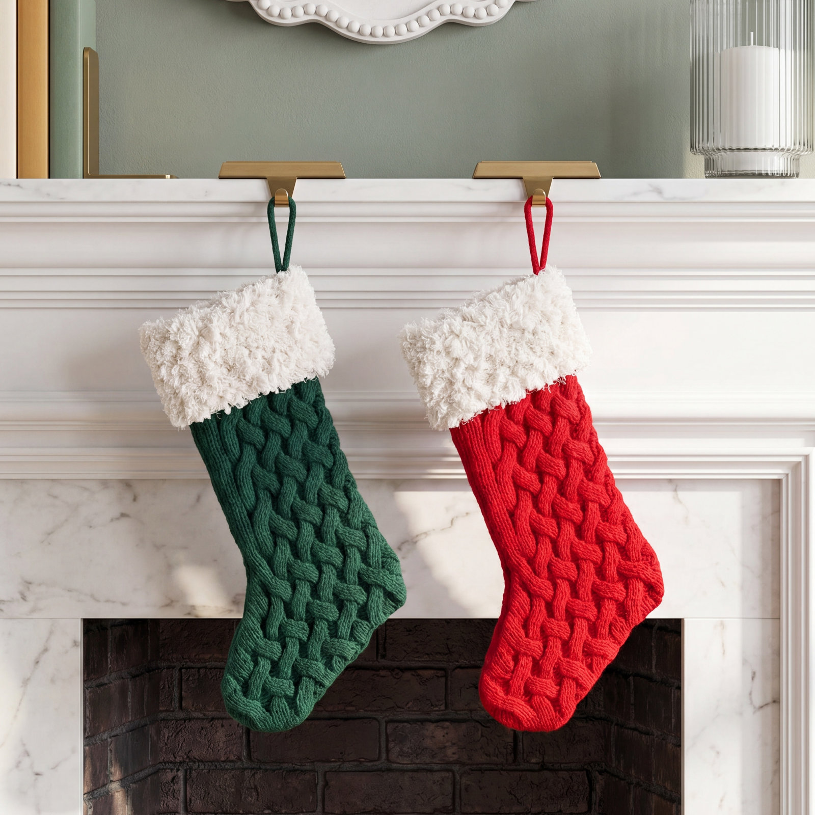 24.5" Christmas Knitted Red & Green Stocking Set of 2