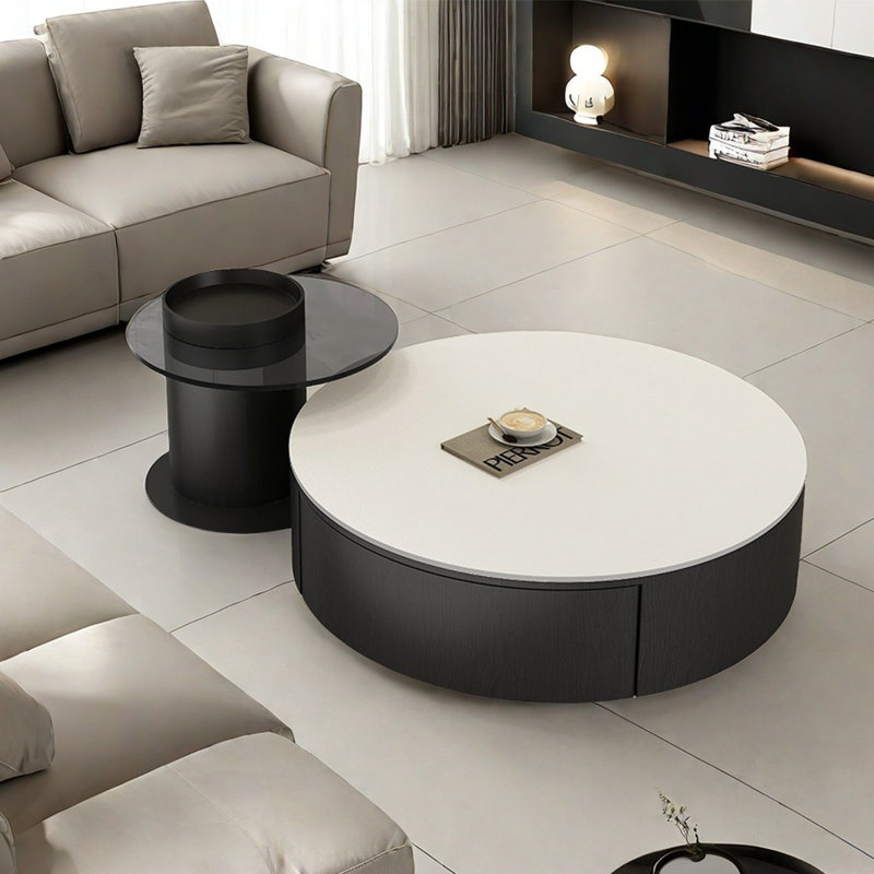 Modern simple round combination coffee table, White, 12.2" H x 35.4" L x 35.4" W, Black