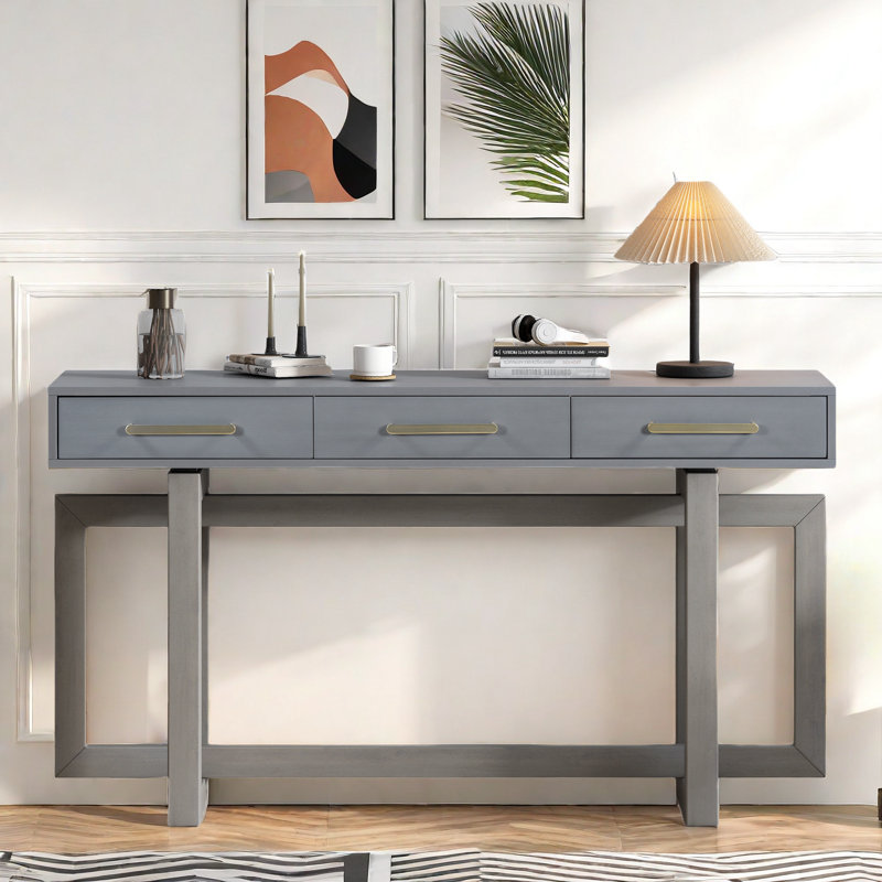 Console en bois avec trois tiroirs, Gris antique