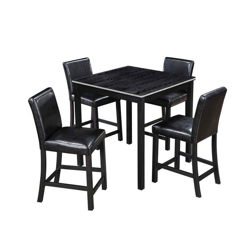 Ensemble de 5 tables à hauteur de comptoir, ensemble de table de cuisine en bois avec table carrée et 4 chaises rembourrées, ensemble de table de salle à manger à hauteur de comptoir avec décoration en cristal et ensemble de chaises pour la cuisine, la salle à manger, noir