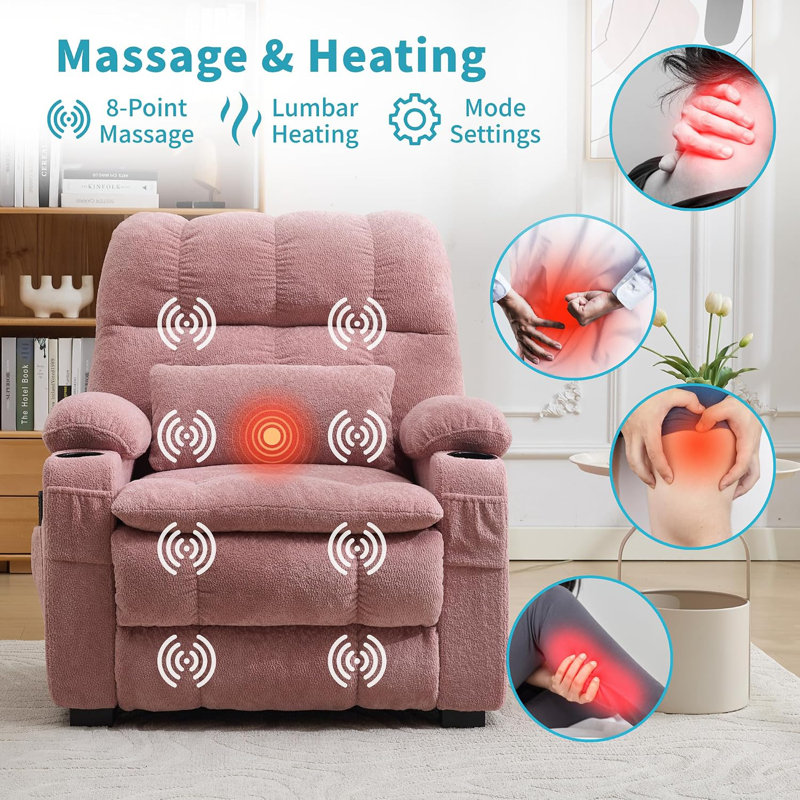 Fauteuil inclinable électrique surdimensionné, porte-gobelets, Tissu rose