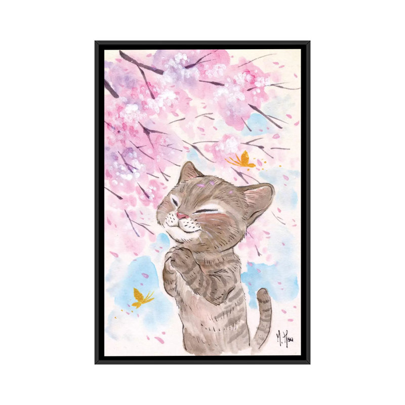 Cherry Blossom Wishes - Cat by Martin Hsu - Painting on Canvas, 101.6 cm H x 66.04 cm W, Black Framed