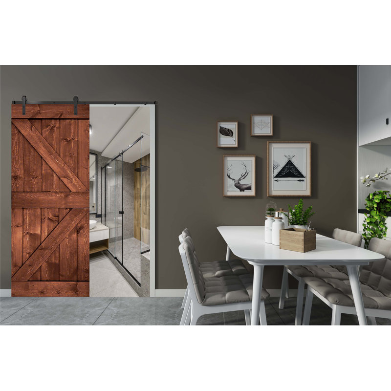 Porte de grange en bois massif DIY 3 en 1 pour chambres, espaces de rangement, placards, Noyer rouge, 38 po x 84 po