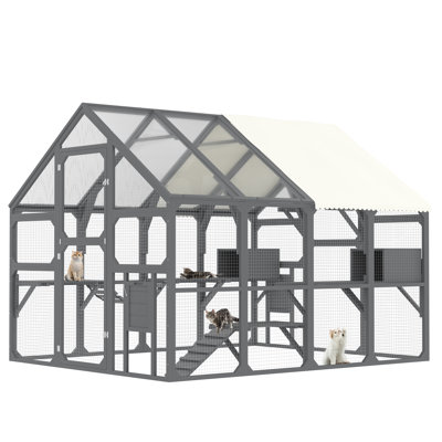 Grande clôture pour chat d'extérieur avec 7 plateformes, 2 boîtes de repos, pont et rampe, maisonnette en bois avec toit résistant aux intempéries, gris