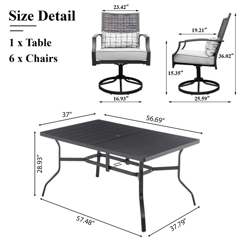 7-piece Outdoor Steel Dining Set With Woven Rattan Chairs & Cushions