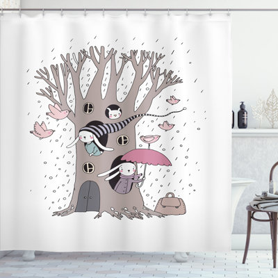 Latitude Run Tree Shower Curtain Bunny Family Rain Birds
