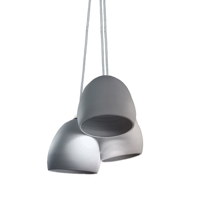 Luminaire suspendu en porcelaine grise matte 3 "Clay 3", Pas d'ampoule, Nickel, H 140 po