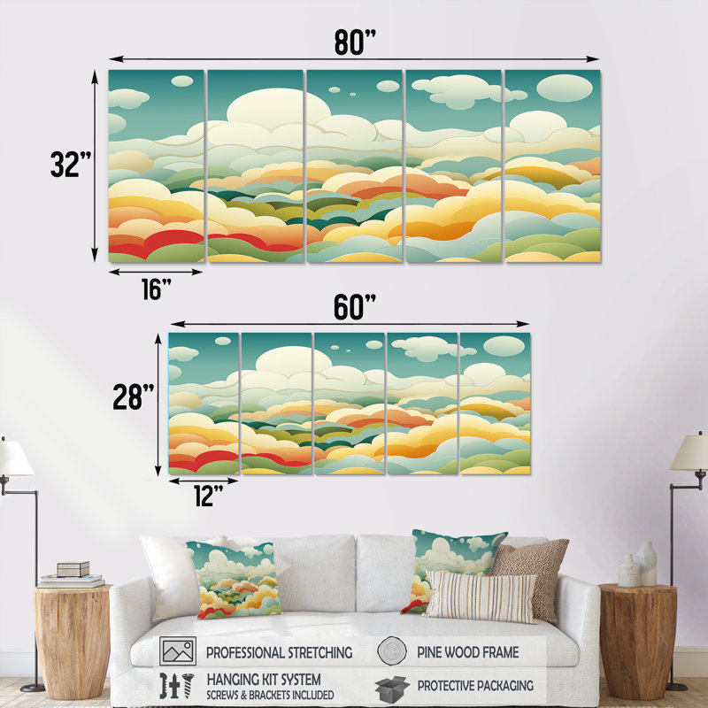 «Blue and Yellow Minimalisme Sky» - Art mural sur toile 5 pièces, H 28 po x l 60 po