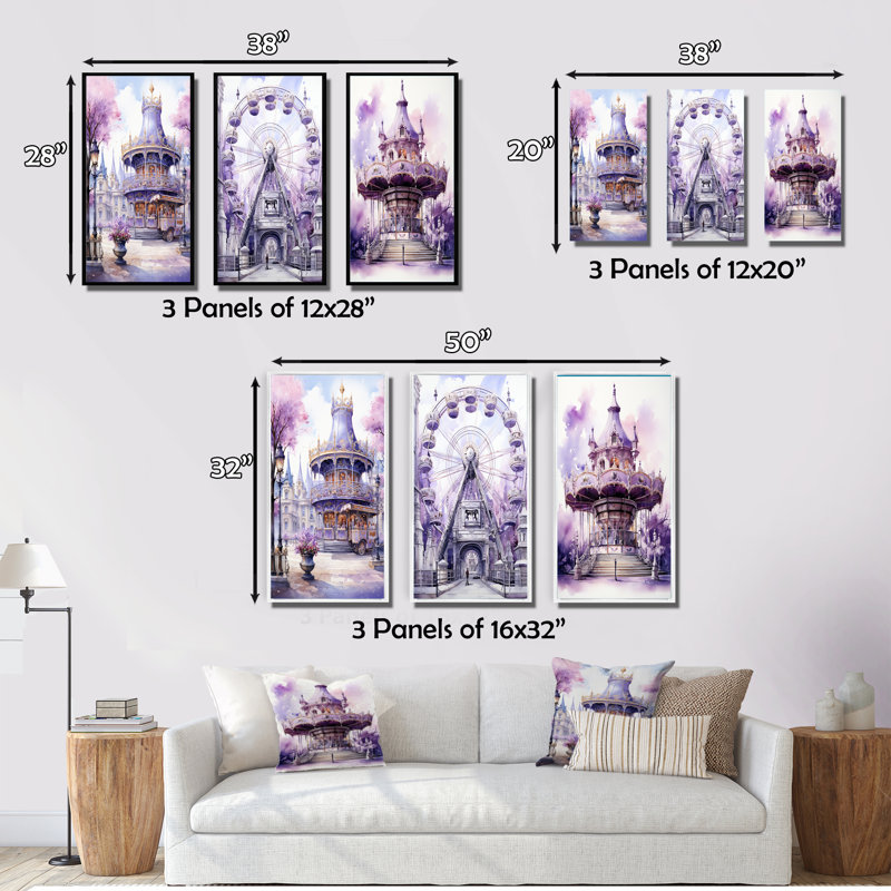 "Carrousel de la grande roue mauve" - 3 pièces sur toile, Toile tendue, H 28 po x l 36 po