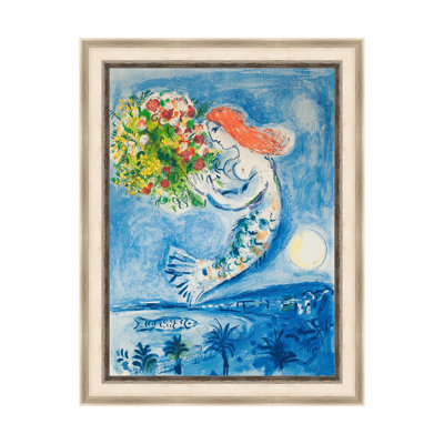 Framed Canvas Wall Art Sirène au Bouquet(Mermaid with Bouquet) by Marc Chagall Giclee Print Dreamlike Romantic Surrealism Painting Modern Home Decor(White Oak & Mineral Grey,28"x36")