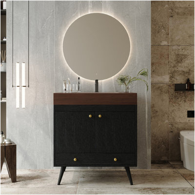 Meuble-lavabo autoportant contemporain avec plateau en faux marbre et lavabo en céramique, armoire de rangement à double porte de 30 po, bois d'ingénierie imperméable
