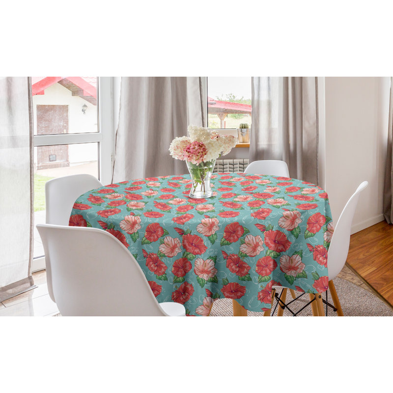 Ambesonne Hibiscus Round Tablecloth, Pattern Of Tropic Flowers And Bubbles Graphic, Circle Table Cloth Cover For Dining Room Kitchen Decoration, 60", Teal Coral