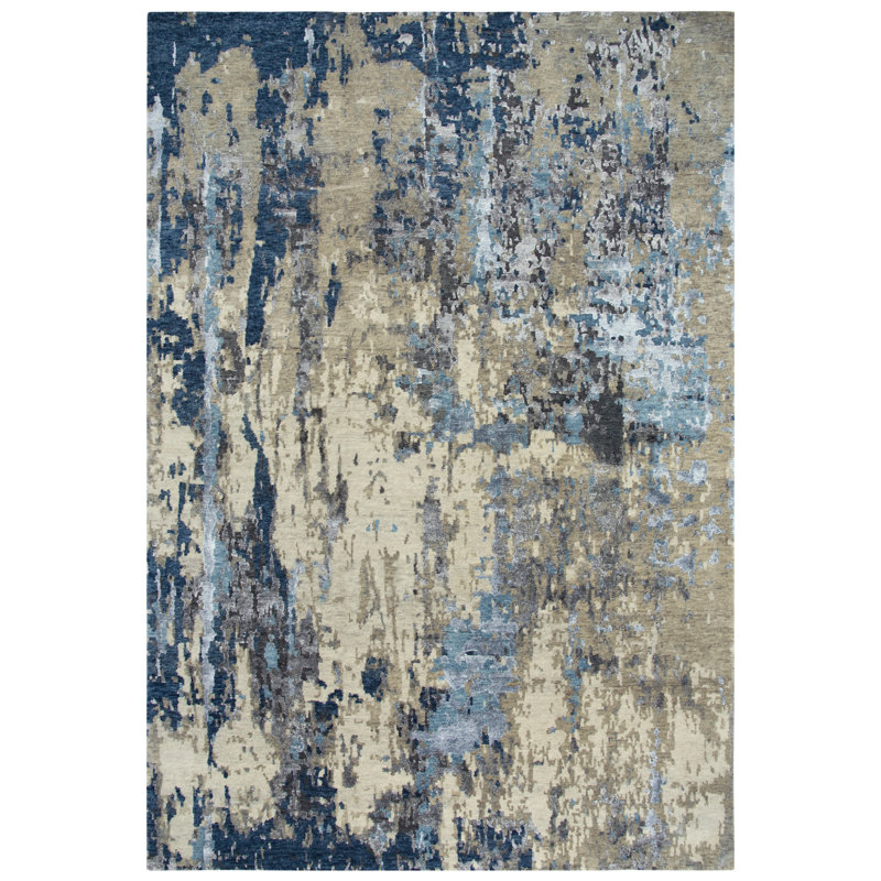 Tapis beige / gris en laine noué à la main, 6 pi x 9 pi