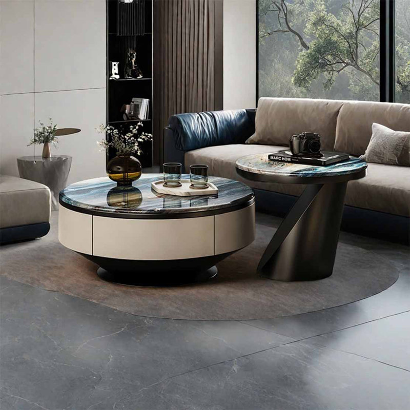 Round microcrystalline stone coffee table, 13.8" H x 35.4" L x 35.4" W