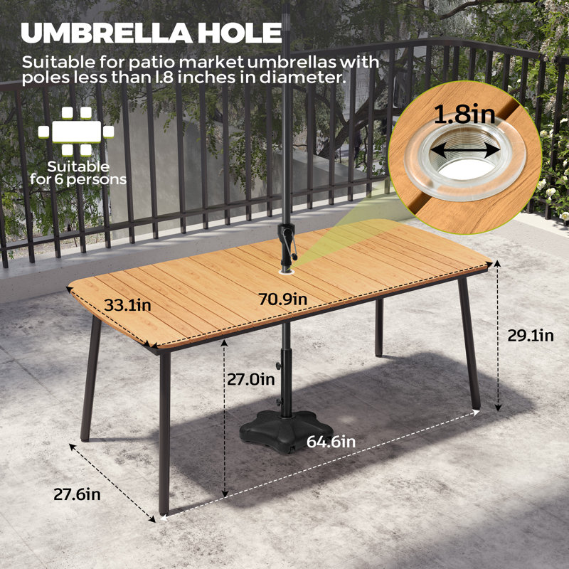 6 - Person Aluminum Outdoor Dining Set with Umbrella Hole, Stacking Armless and Armed Chairs, Brown/Black