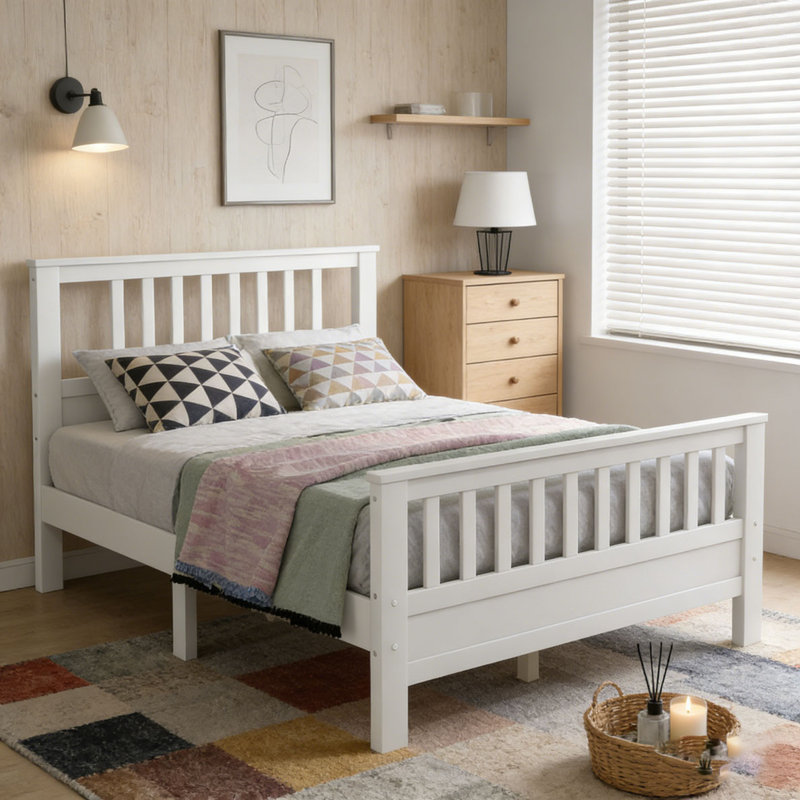 Lit plateforme en bois avec tête et pied de lit, Lit double