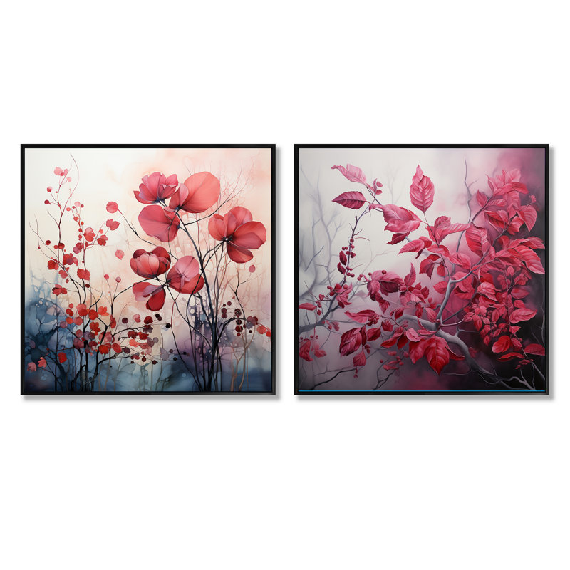 Feuilles de charme dans Moody Overcast - ensemble de 2 feuilles de collage carré, Cadre flottant noir, H 16 po x l 33 po