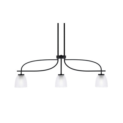 Luminaire pour îlot de cuisine 3 lumières Cavella au fini noir mat avec verre côtelé transparent de 5 po