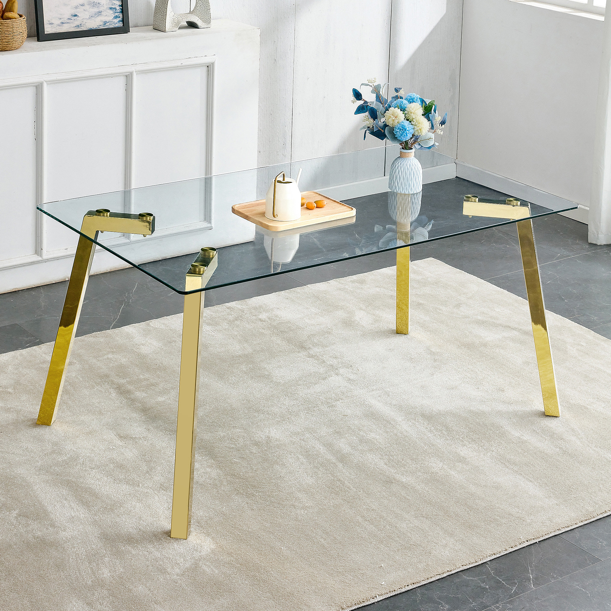 View of Mercer41 Modern Minimalist Style Rectangular Glass Dining Table With ...