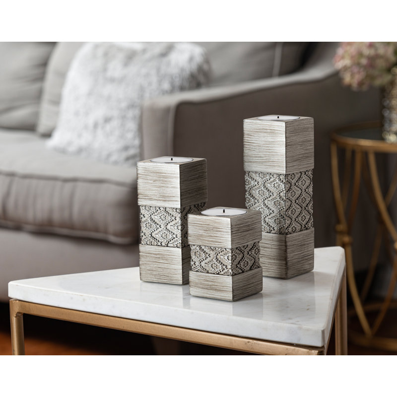 Silver Geometric Patterned Tealight Candle Holder Set